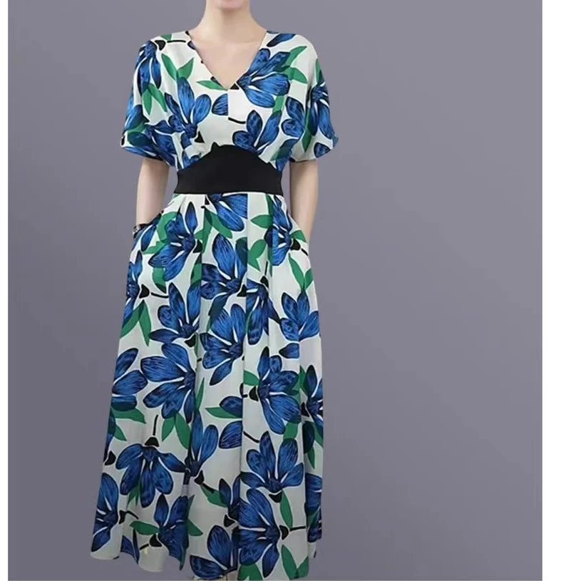 2025新款女夏季帝政风奢华大牌气质碎花蓝色连衣裙高端大气上档次