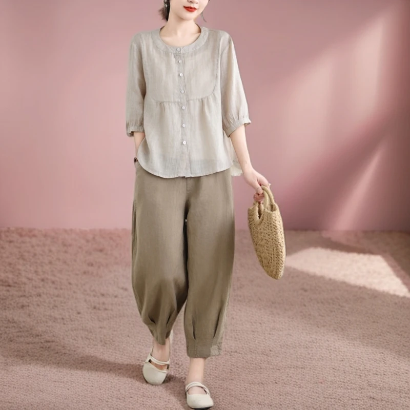 亚麻衬衫2025年夏季上衣休闲棉麻套装女士中年妈妈宽松遮肚两件套