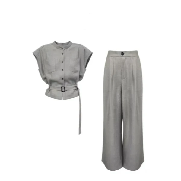 【ABG】时尚高腰套装女上衣+裤子两件套 气质百搭