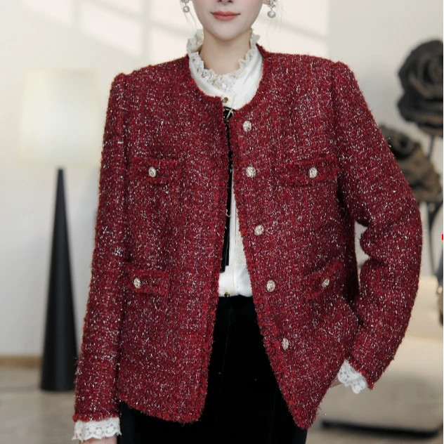 【莫妮卡】秋冬新款加绒小香风亮丝圆领白鹅绒气质时尚复古短款外套