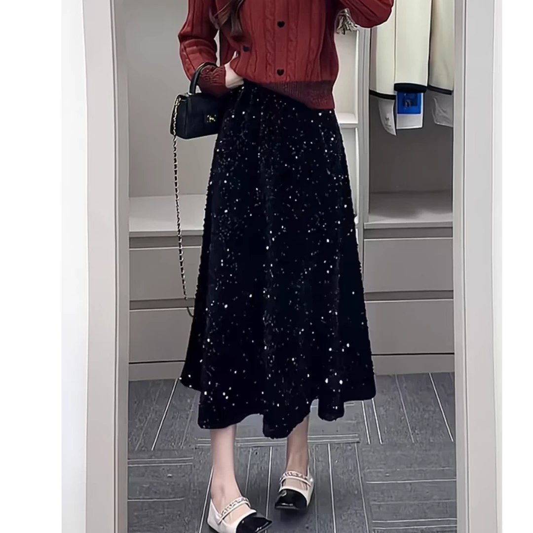 黑色亮片半身裙女2025春季新款高腰百搭显瘦中长裙小个子A字伞裙