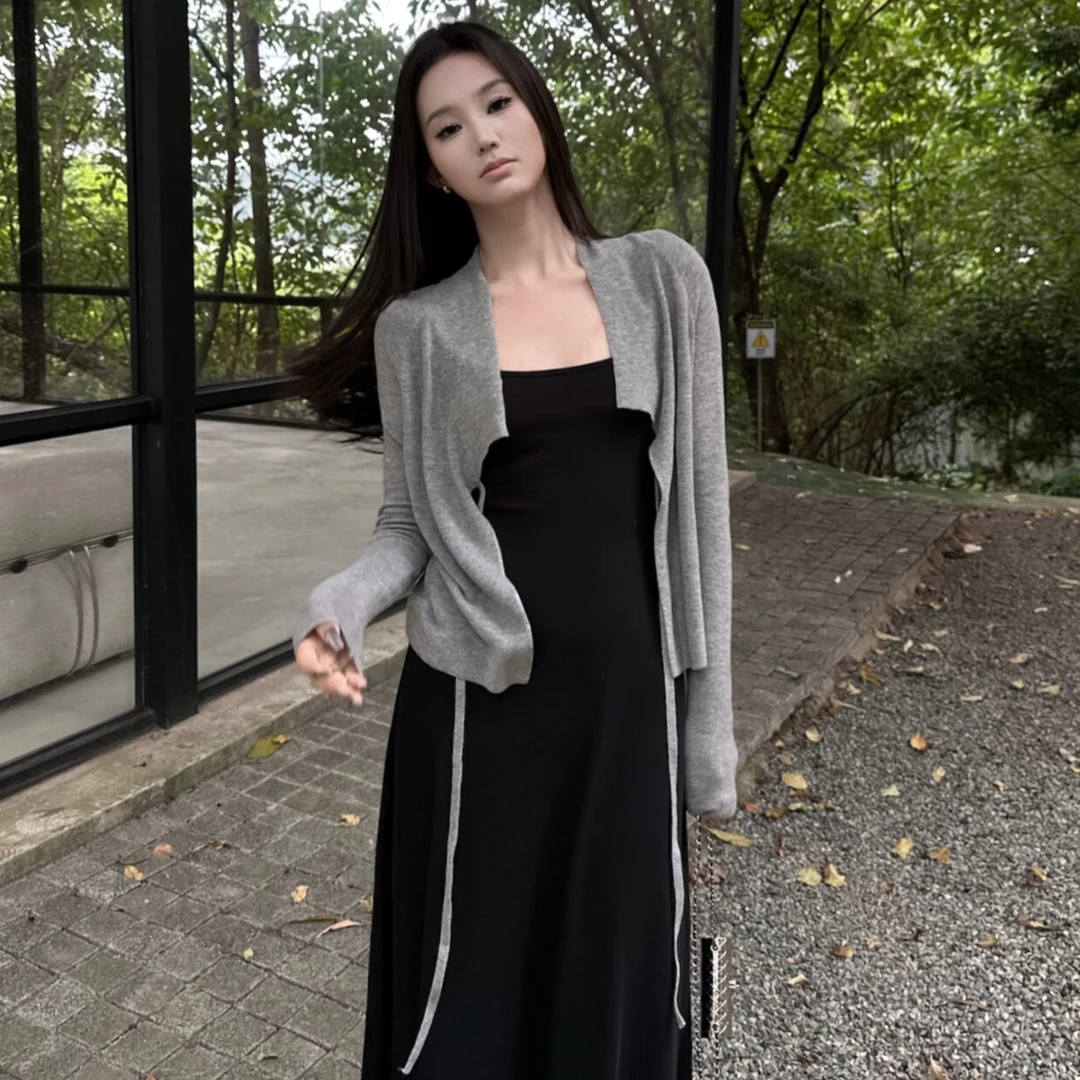 夏季吊带裙外搭防晒针织开衫女罩衫上衣设计感灰色披肩空调衫薄款