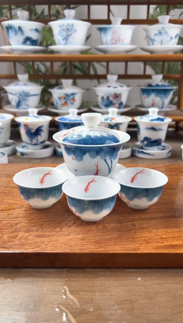 全品线条莲150ml三才盖碗+小和顺杯3个