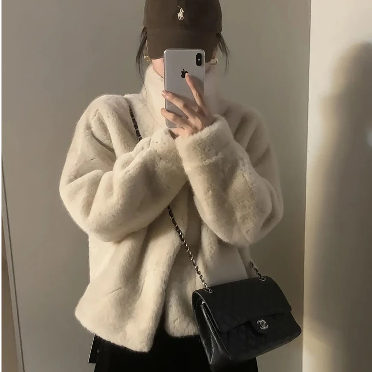 4新款加厚外套冬季韩版加绒立领网红百搭女时尚短款环保毛毛上衣