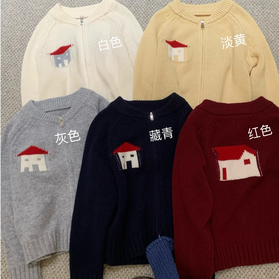 新款气质休闲韩版简约圆领小房子开衫毛衣Z24396