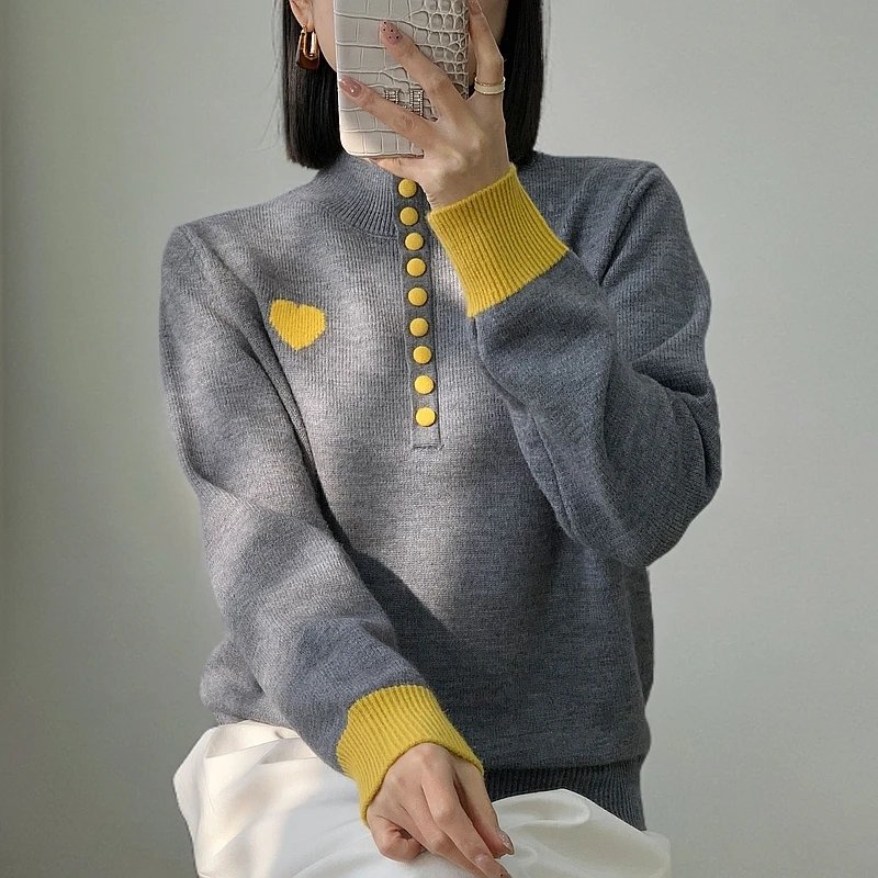 【芊荨精选】2025新款时尚百搭半排扣爱心拼色半高领针织衫S649#