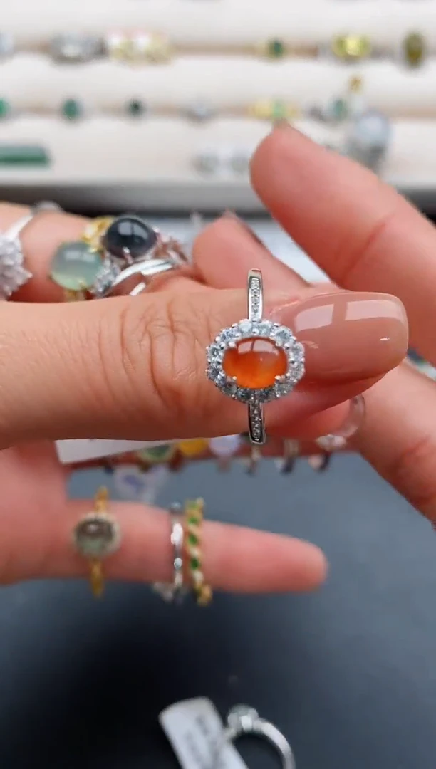 银S925镶嵌戒指翡翠缅甸天然A货翡翠444  4-