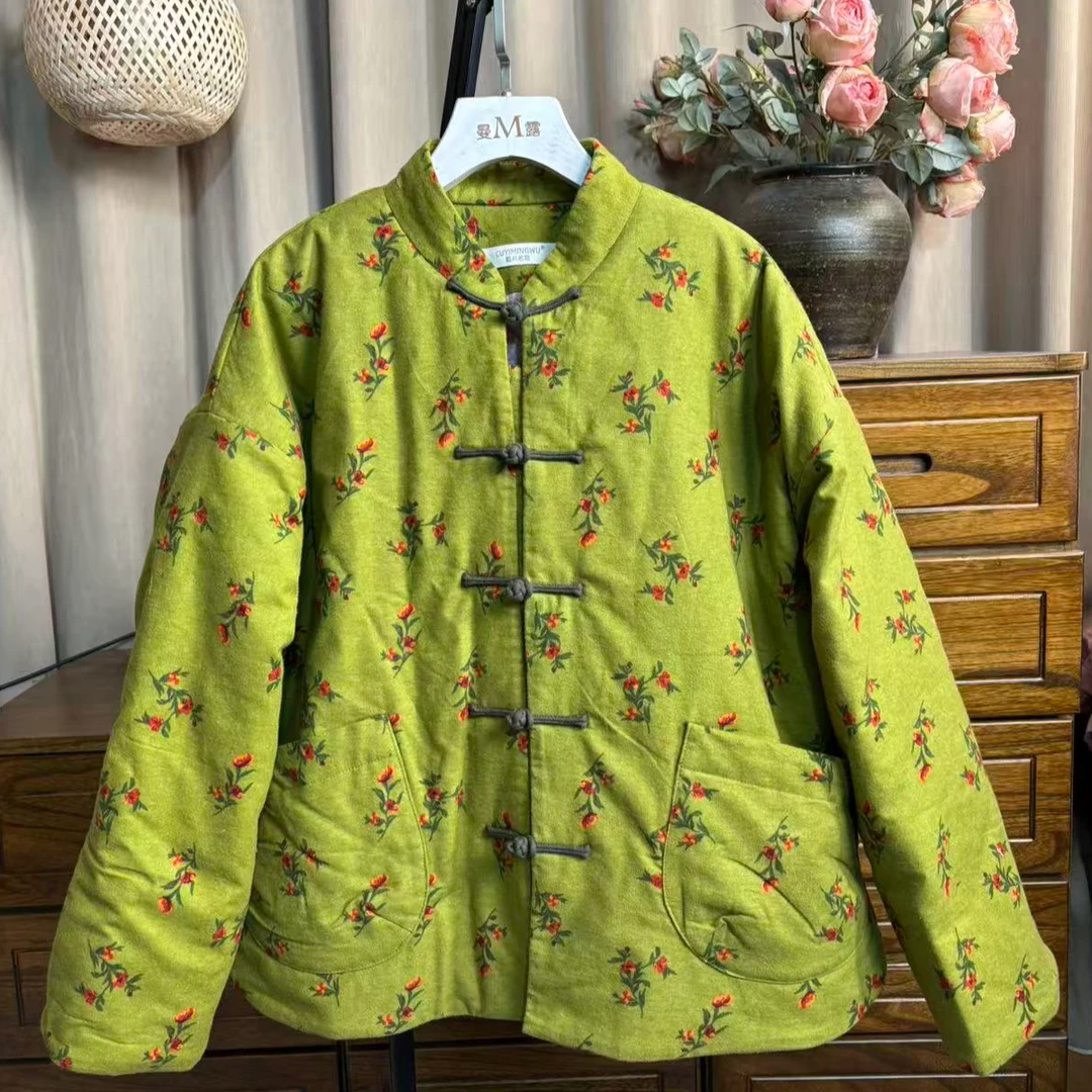 棉服碎花长袖休闲女士印花保暖秋冬立领花色满印蓝色时尚棉麻手工