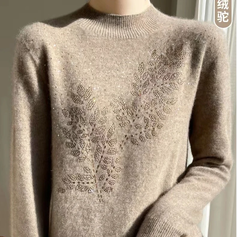 100纯羊毛树枝烫钻树叶高级半高内搭D304