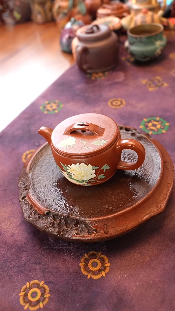 茶壶紫砂朱泥牡丹汉瓦壶
