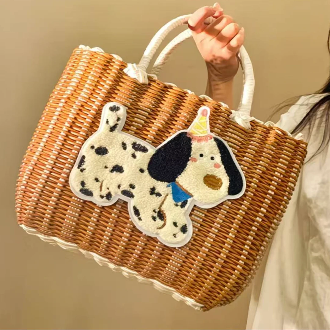 可爱小狗仿藤编织手提菜篮买菜购物篮户外野餐提篮收纳筐