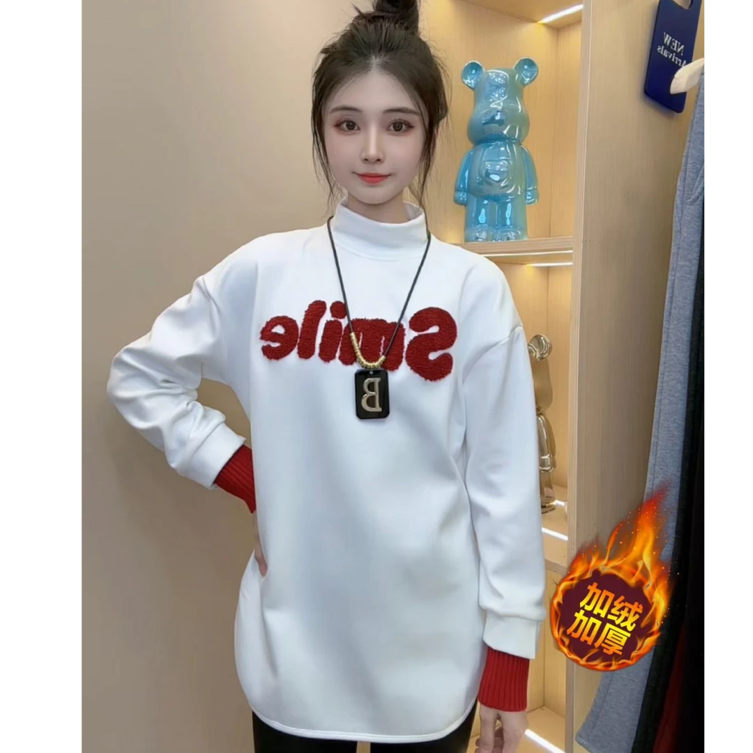 【加宝宝绒】中长款长袖冬加绒加厚潮牌植绒字母遮屁股打底上衣