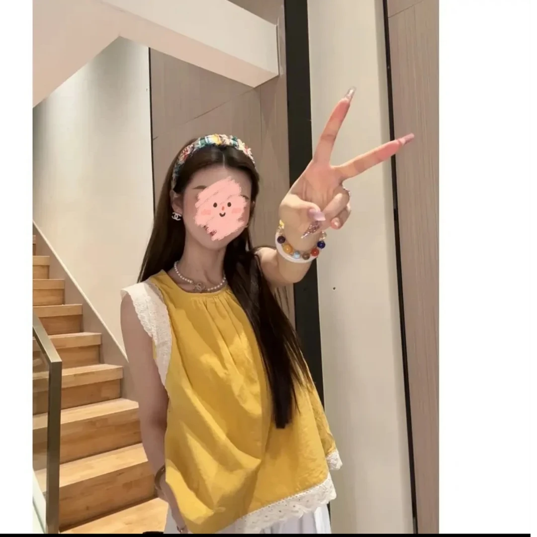 韩系设计感小飞袖宽松遮肚上衣女2025夏季蕾丝拼接绝美