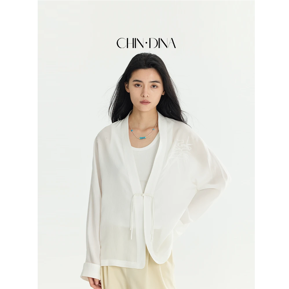 CHINDINA气质女装纯色100%真丝刺绣防晒新中式开衫休闲宽松外套