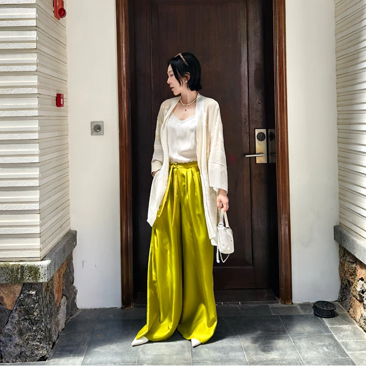 PENNYPENG绿野设计感夏季纯色百搭休闲风压褶真丝阔腿裤DG05159