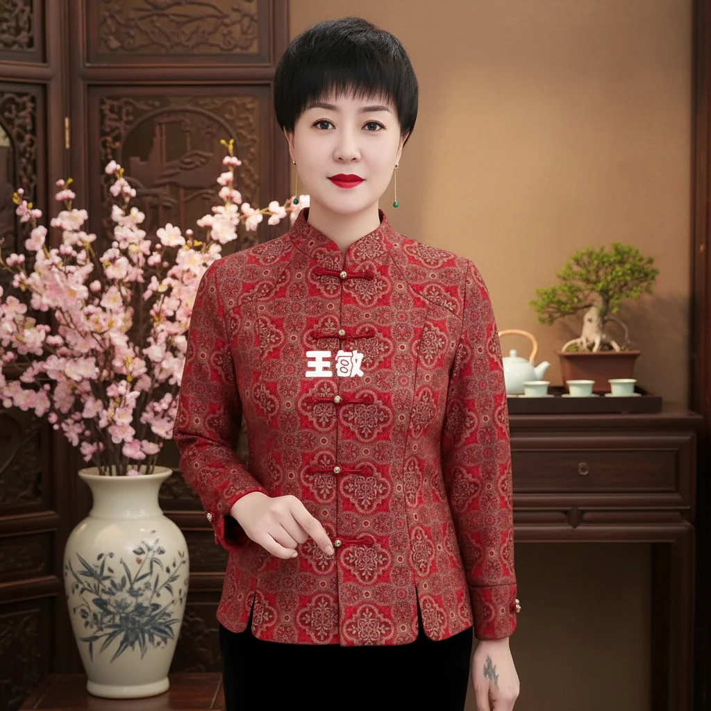 高端妈妈开衫冬季加绒保暖外套时尚印花修身弹力上衣复古旗袍小衫