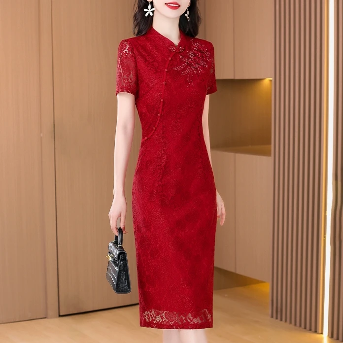 喜婆婆婚宴装红色改良旗袍2025新款高端连衣裙女夏季妈妈礼服裙子