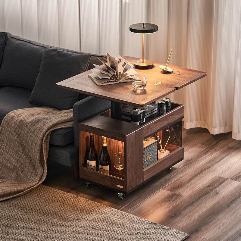 色格 BUS·黑胡桃木实木升降边几小推车边几客厅书房旋转沙发边柜