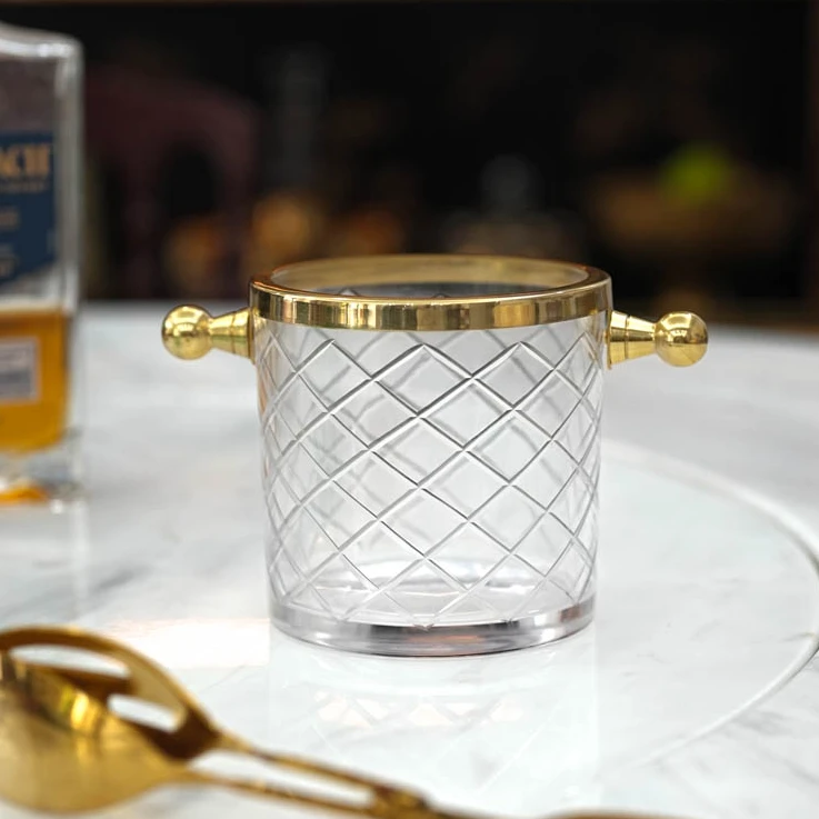 【奇居铜饰】轻奢菱纹刻花黄铜玻璃收纳冰桶桌面摆件GY