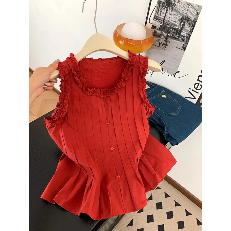 夏季2025新款高货爆款潮流新品甜美风木耳边压褶无袖衬衫背心上衣