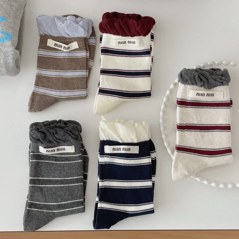 无骨条纹袜子女撞色双罗口字母布标中筒袜棉袜吸汗透气ins堆堆袜