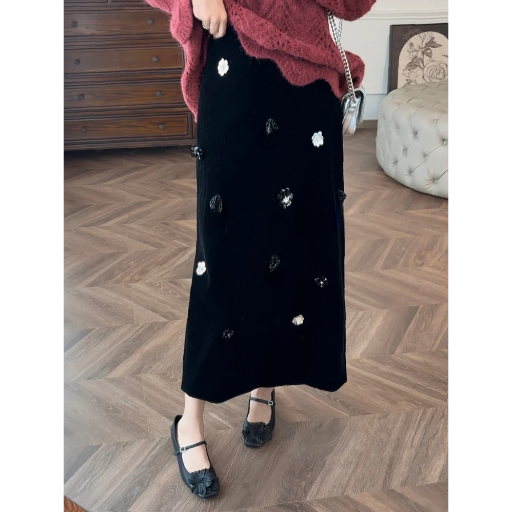 “高定手工坊”立体花朵丝绒长裙设计感黑色直筒丝绒开叉半身裙