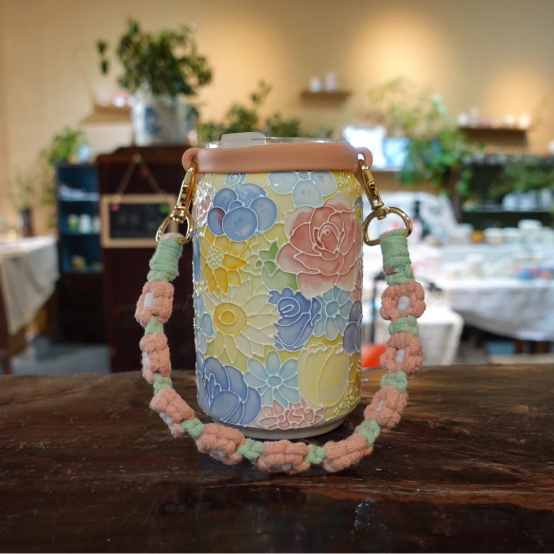 陶瓷随行杯 原创带盖手绘万花杯 便携式大容量直饮杯景德镇伴手礼