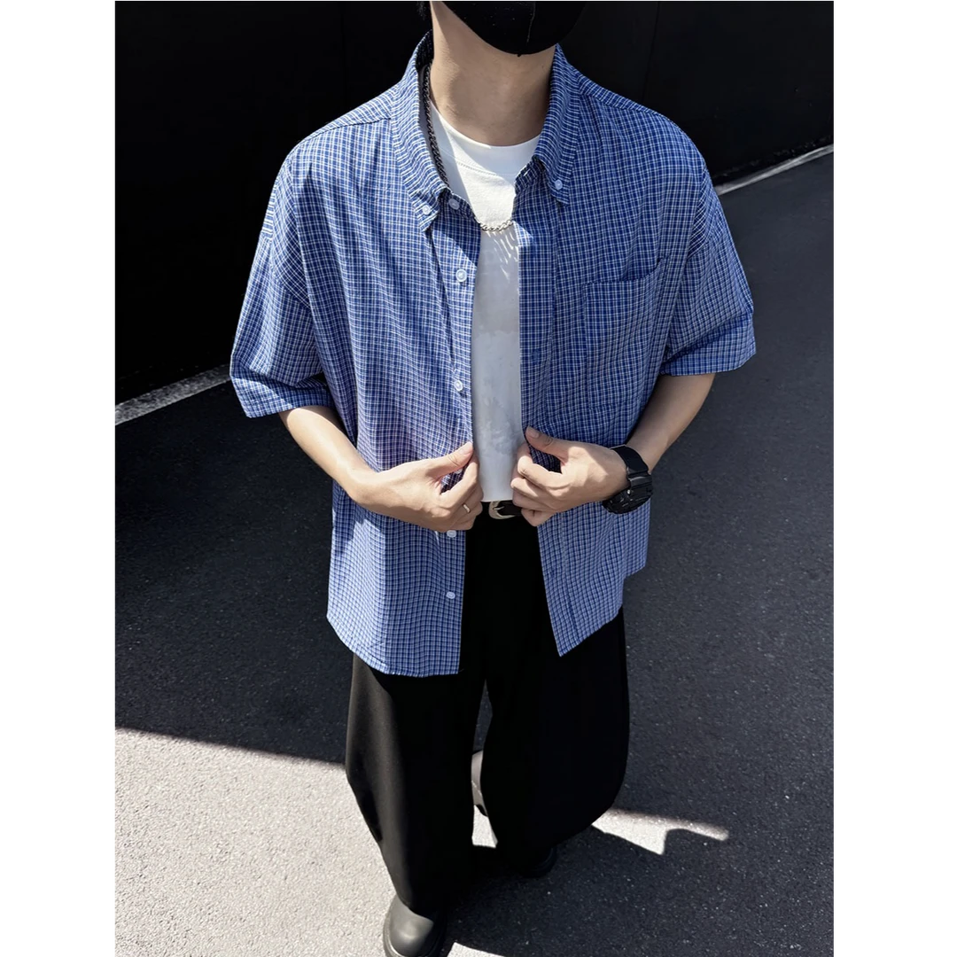 美式复古蓝色格子衬衫男短袖高级感潮牌宽松百搭五分袖衬衣外套夏