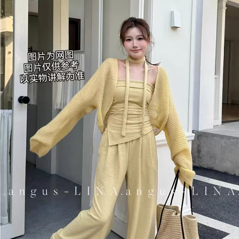 2025春季新款大码女装套韩系辣妹飘带不规则吊带+针织开衫+阔腿裤