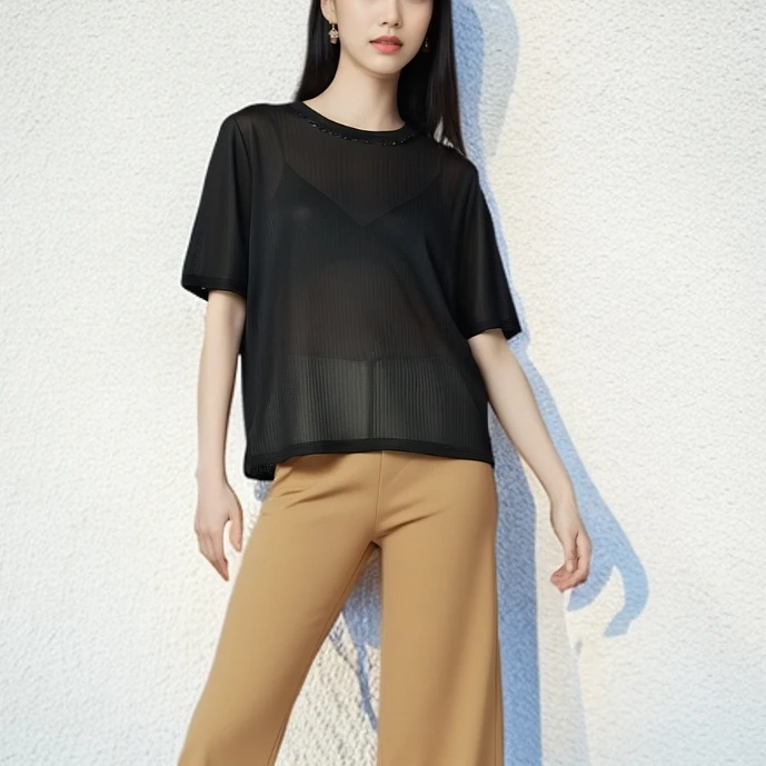 2318F黑色丝绒钉珠短袖T恤女2025夏新款高档圆领正肩上衣时尚