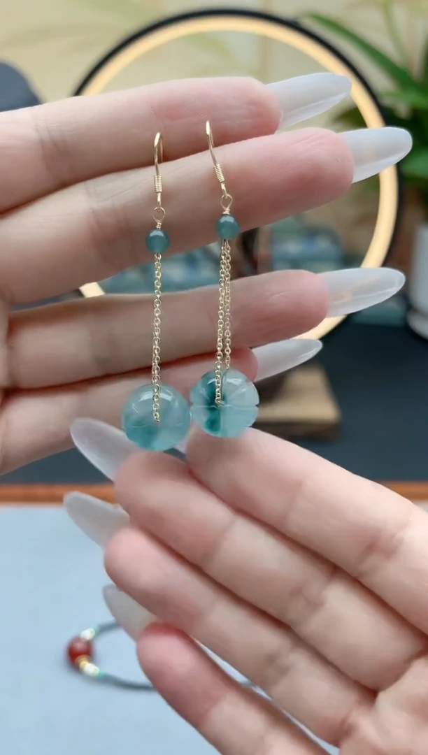 石英质玉（天山翠）银S925镶嵌耳饰00蓝水飘花南瓜