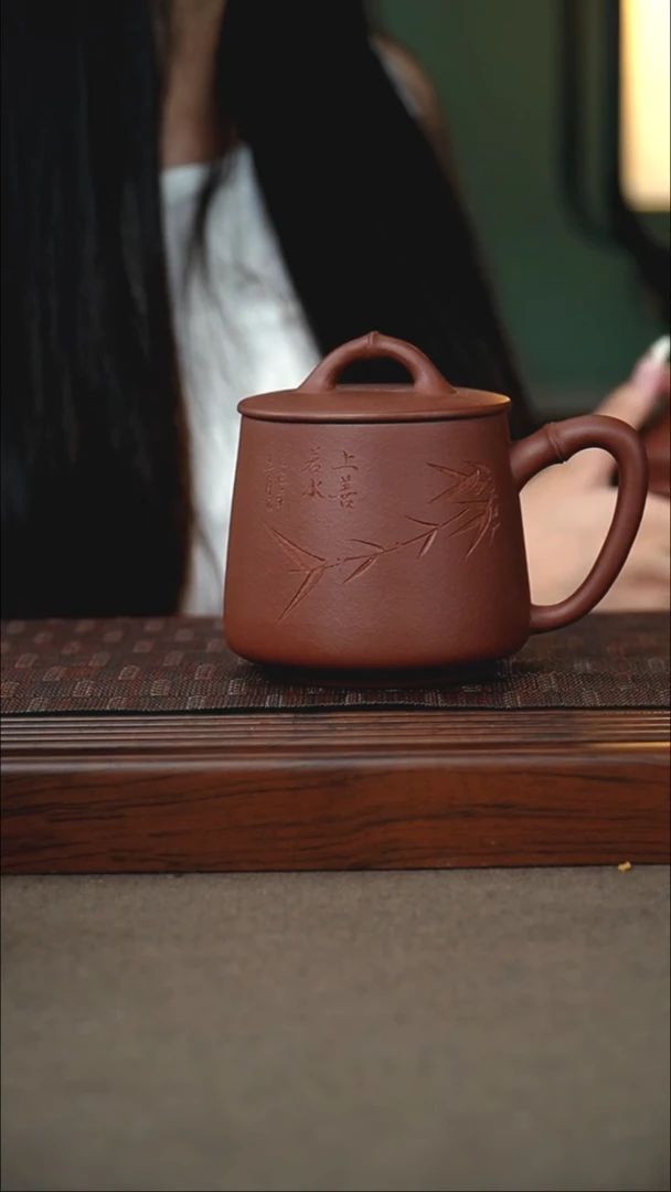 茶杯紫砂原矿清水泥刻竹紫砂杯400cc