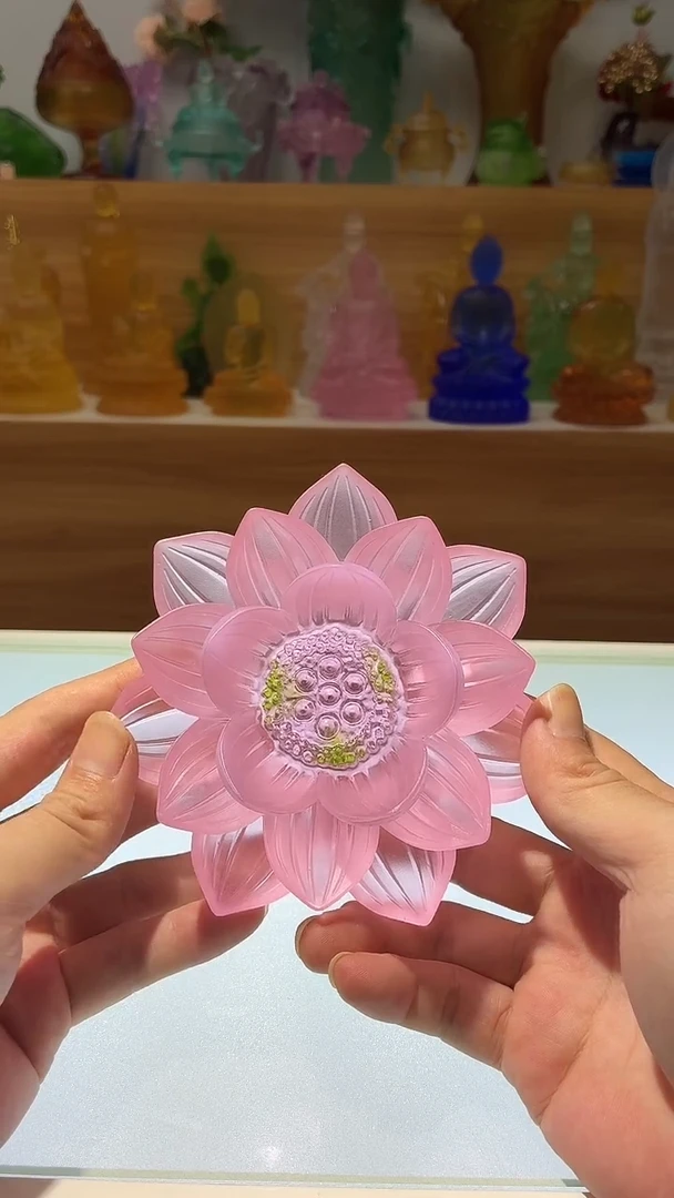 琉璃手工艺品粉红色佛前莲花12公分