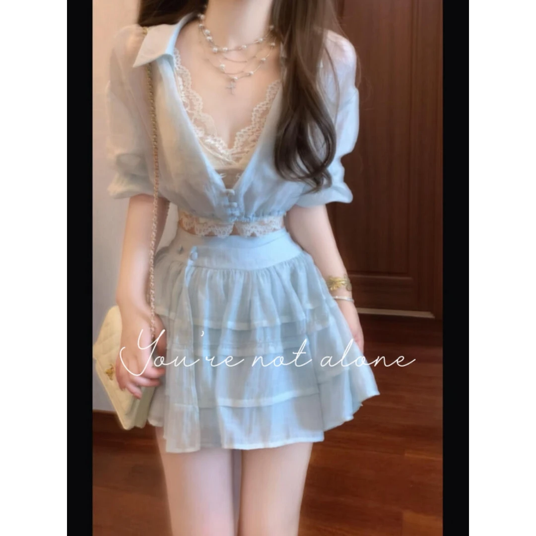 【蔚蓝晚风】早秋新款纯欲风防晒长袖衬衫蕾丝内搭配高腰花边半身裙