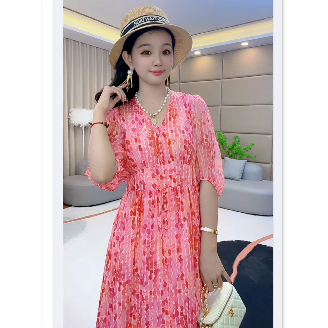 《暖暖推荐》“粉色恋曲”夏季收腰减龄显瘦女装桑蚕丝连衣裙  90447