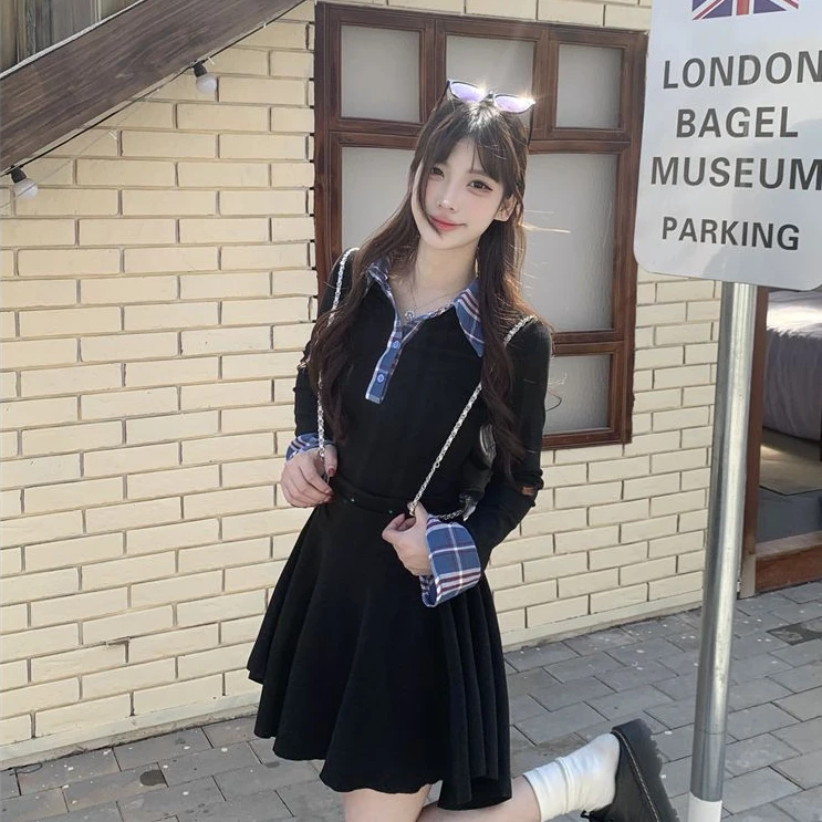 学院风黑色Polo领连衣裙子女2025秋季新款小个子穿搭一整套短裙