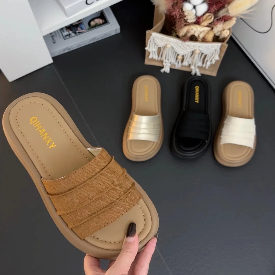 2025夏季新款麻料褶皱一字拖鞋简约休闲慵懒外穿厚底防滑女拖鞋