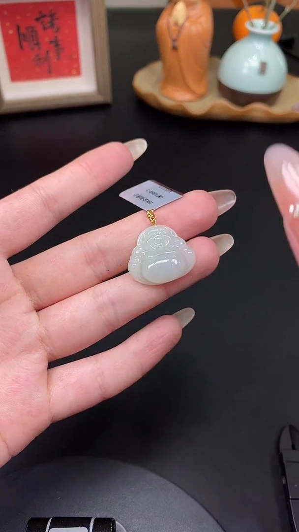 吊坠(不含链)18K金镶嵌翡翠佛公18K金扣镶嵌@@CMT