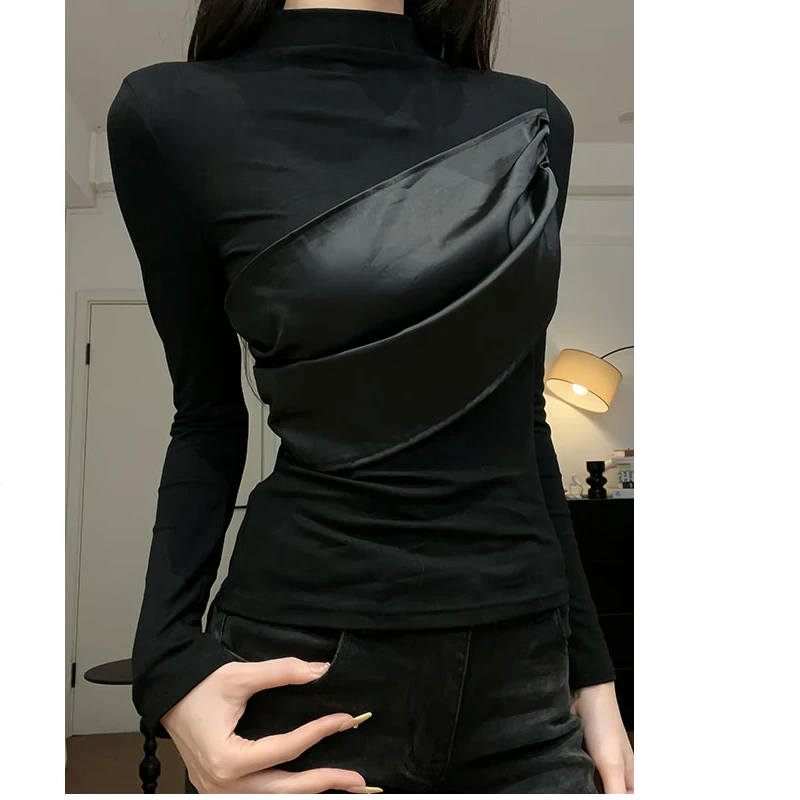 【年终特价】黑色百搭拼接设计感设计感长袖修身气质显瘦打底上衣