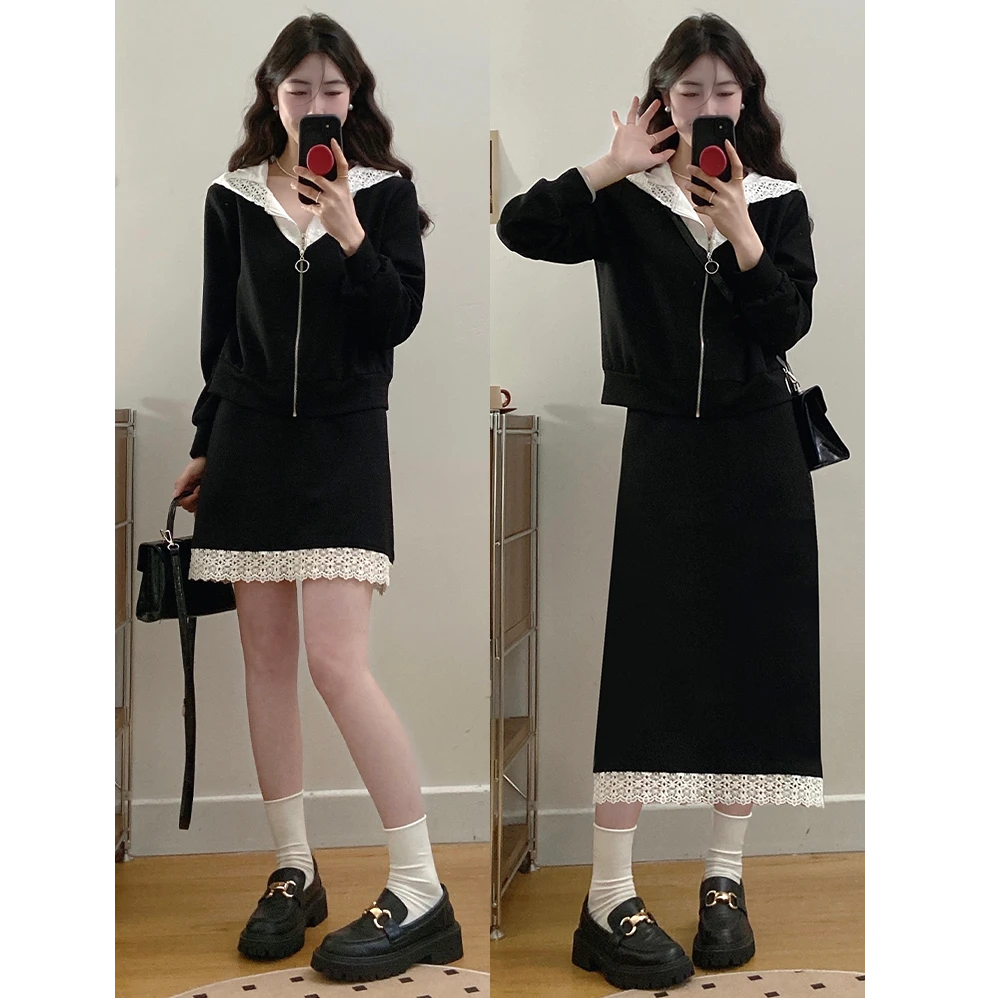 大码女装胖mm新款温柔风蕾丝拼接假两件卫衣+半身裙两件套