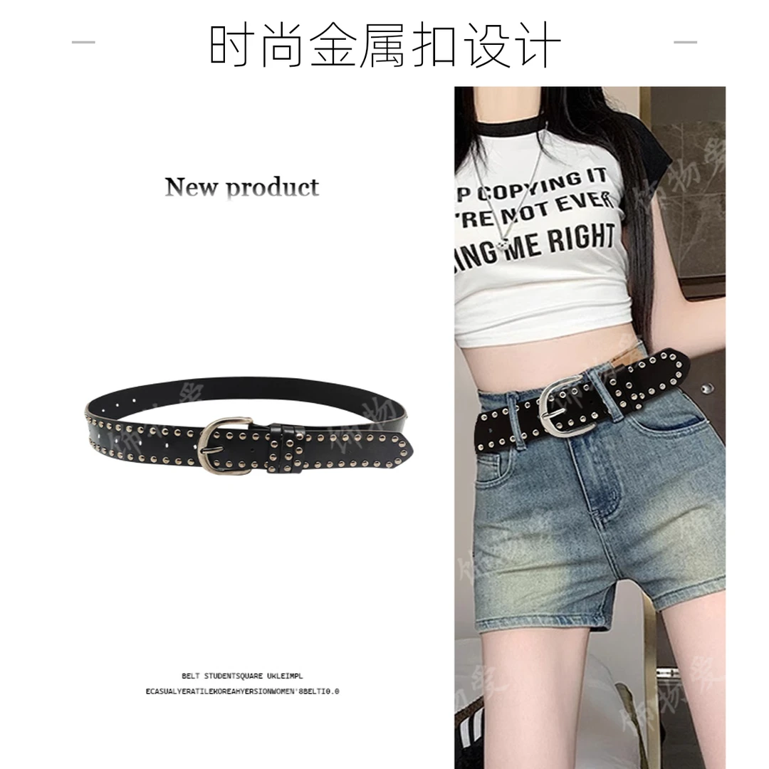 双排铆钉针扣女士腰带复古朋克装饰牛仔裤时尚欧美风黑色皮带潮