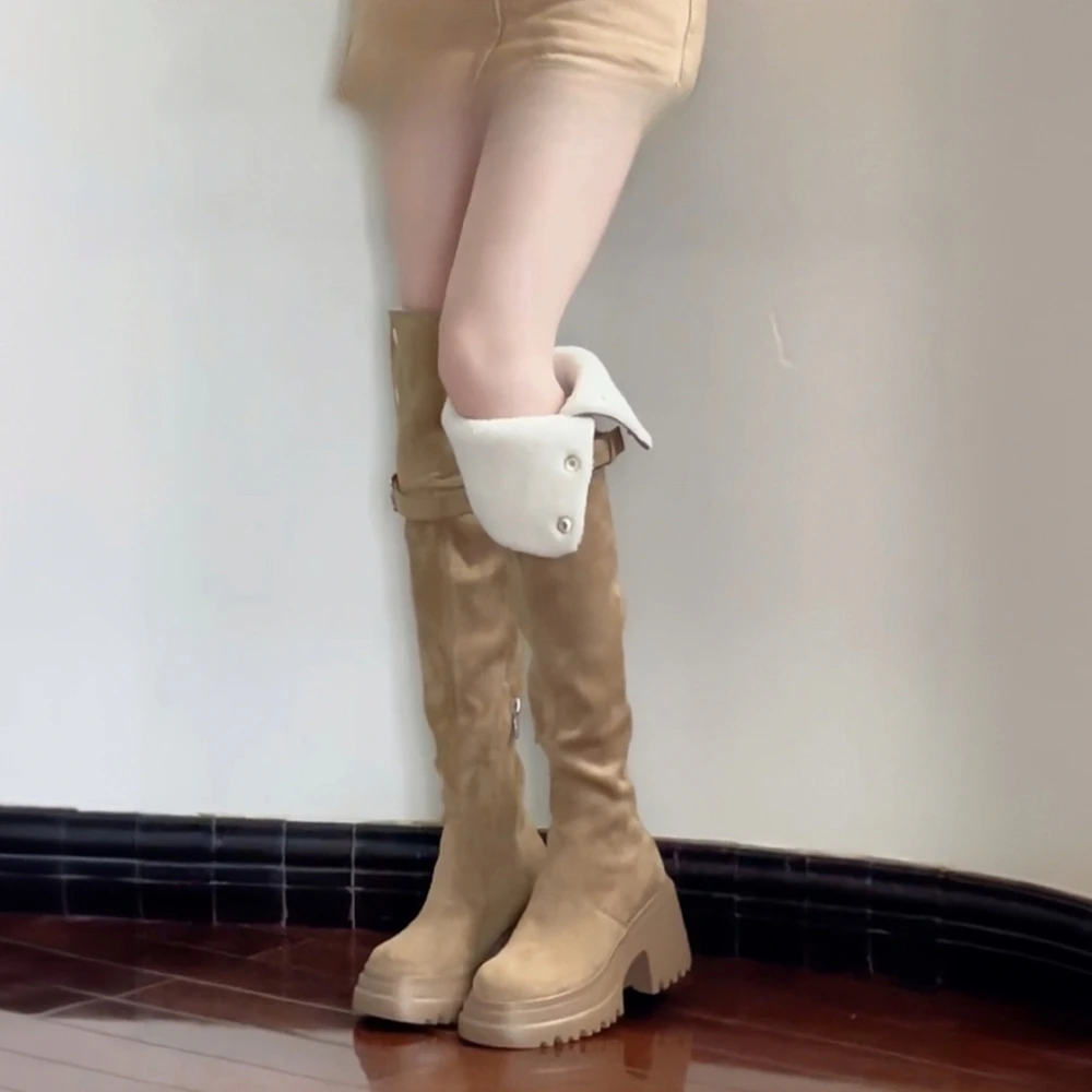 羊羔毛过膝长筒靴雪地靴子女秋冬款小个子厚底增高保暖加绒骑士靴