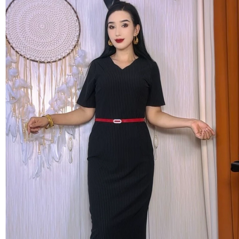 轻熟风静奢风V领长裙短袖连衣裙过膝条纹黑色透气高腰显瘦百搭