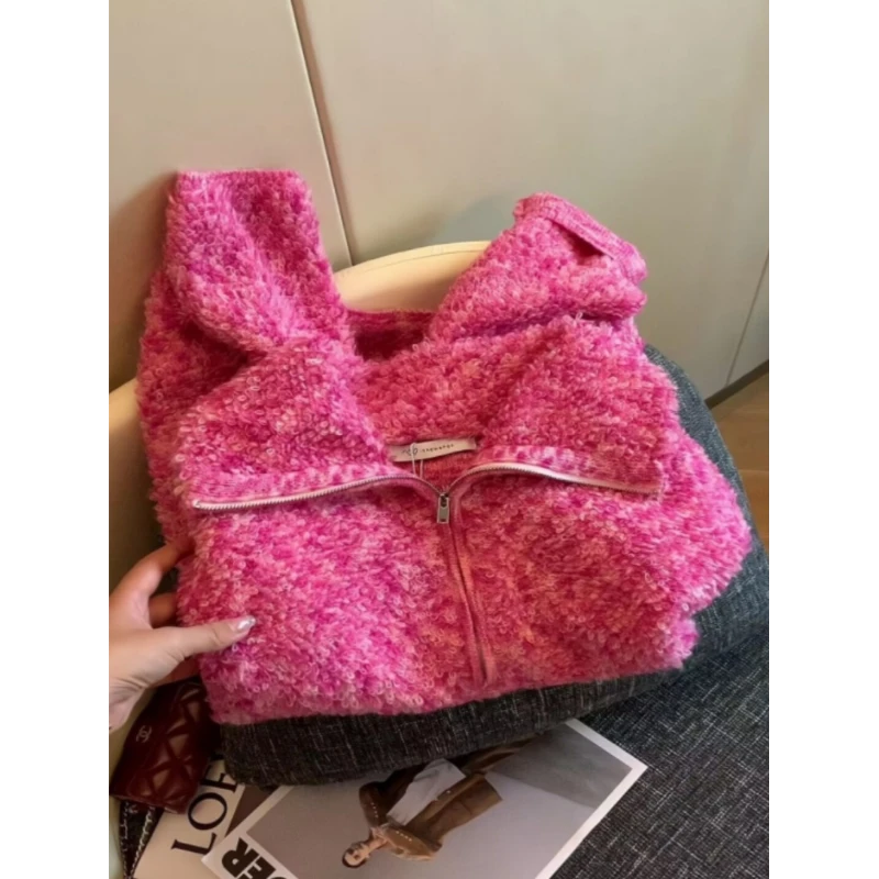 实物太美！不能错过！冬季粉色针织衫女半拉链翻领套头慵懒风毛衣