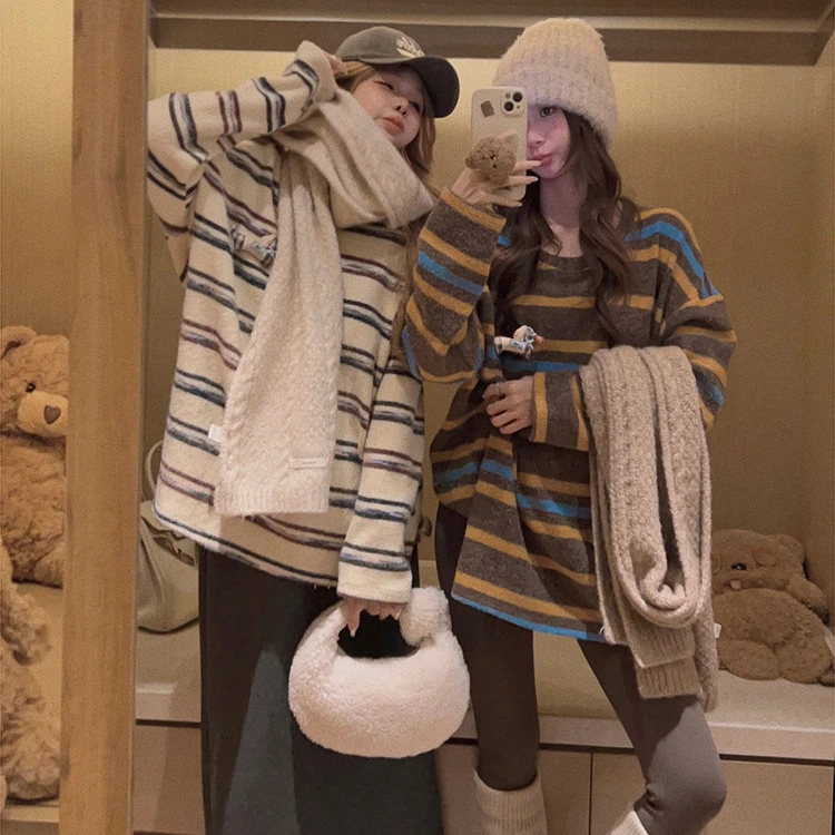 软fufu撞色条纹腊肠狗加绒加厚T恤女冬韩系宽松显瘦打底衫上衣潮