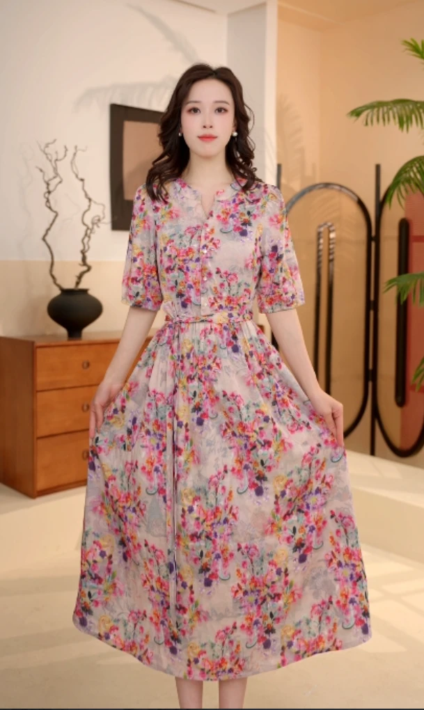 【刘七七浮生梦】新中式小V领气质收腰连衣裙B90