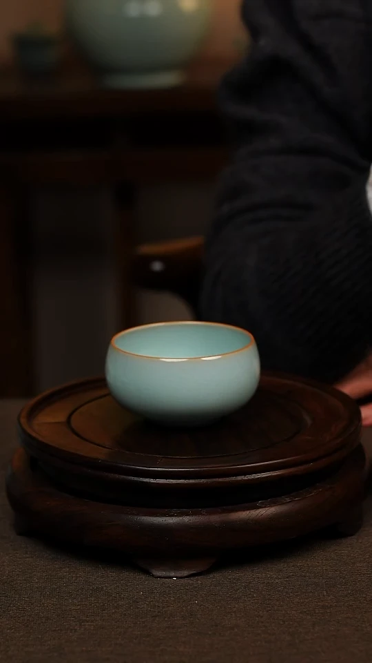 瓷片天青色全手工描金罗汉杯120ml微瑕不带礼盒