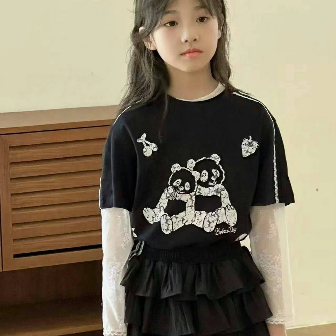 熙爱2025夏季新款中大童 童趣卡通印花圆拼接蕾丝花边 T恤25908