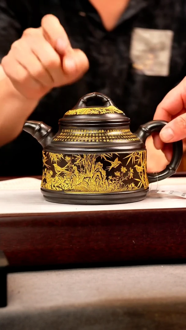 茶壶紫砂石黄 竹鼎 燕子图 描金