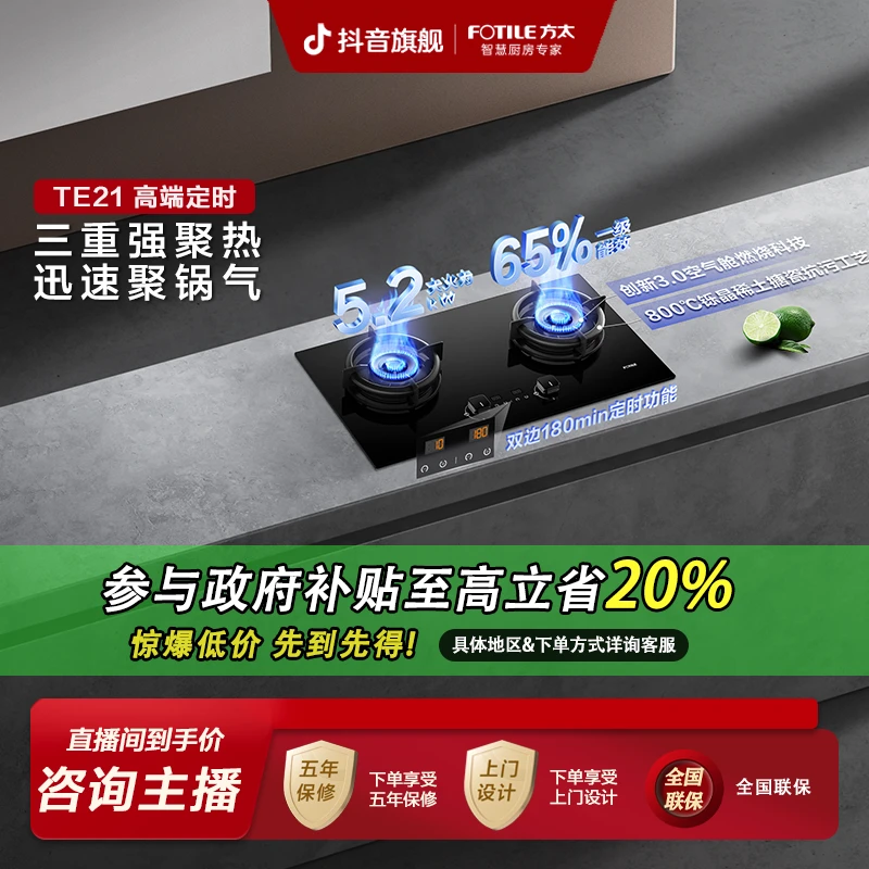 方太燃气灶TE21定时煤气灶具烟灶联动天然气双灶台